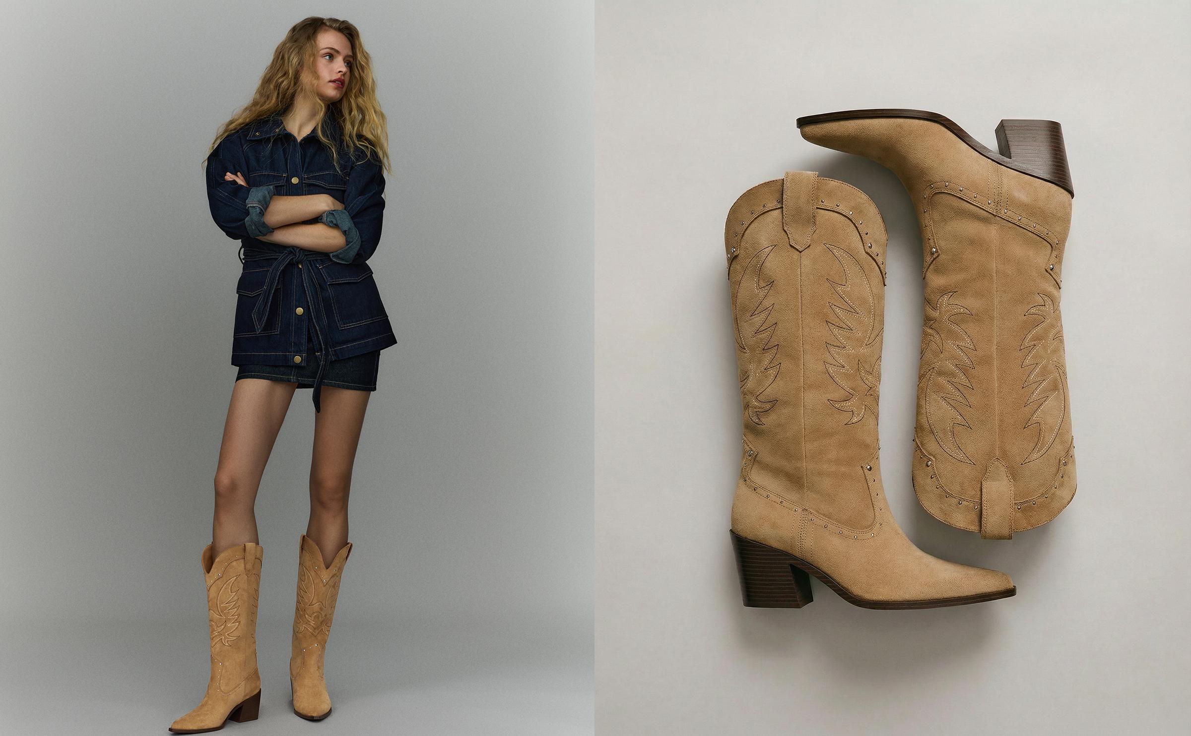 Studded cowboy heel boots — BEIGE