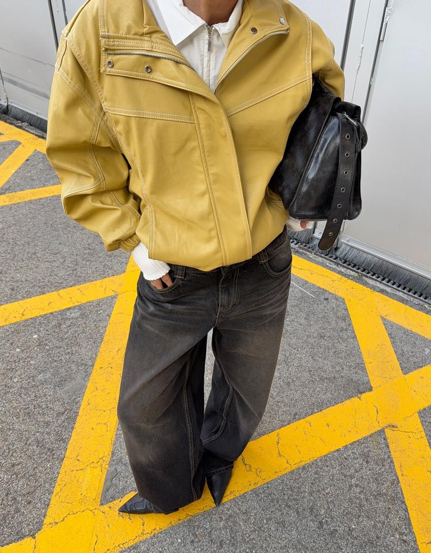 Blouson similicuir oversize-Moutarde-1