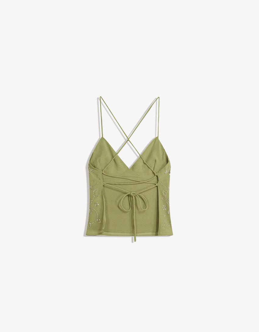 Strappy top with shimmery embroidery-Khaki-4