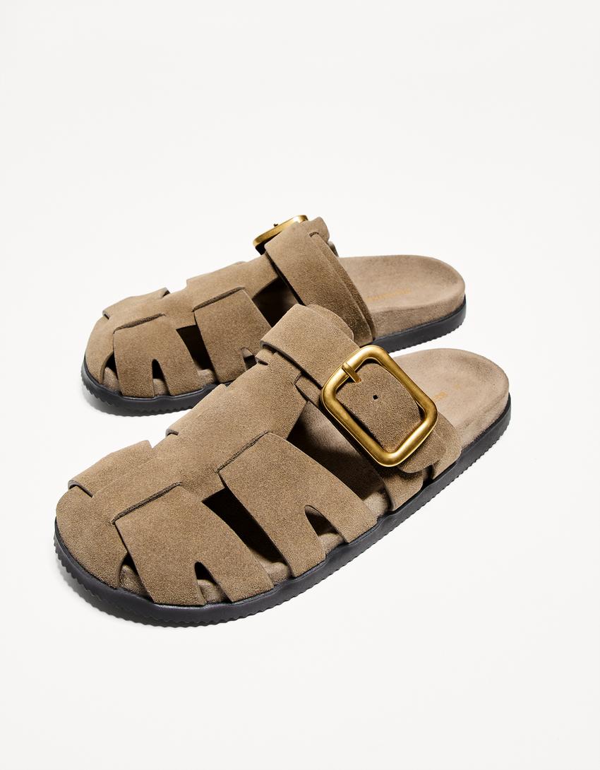 Pantoletten aus Leder im T-Steg-Sandalen-Stil-Gelbbraun-2