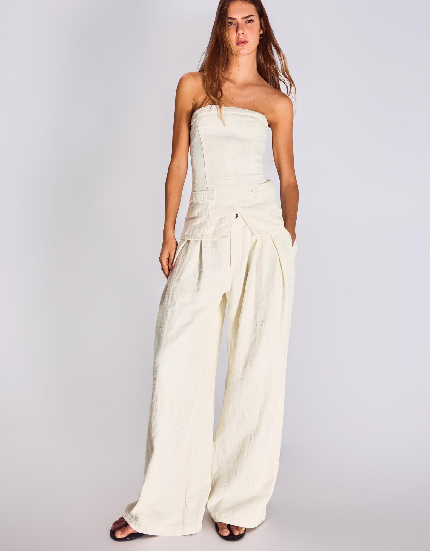 Bershka Jeans Gamba Larga Con Pinces E Vita Bassa Donna 46 (Eur 42) Bianco Roto