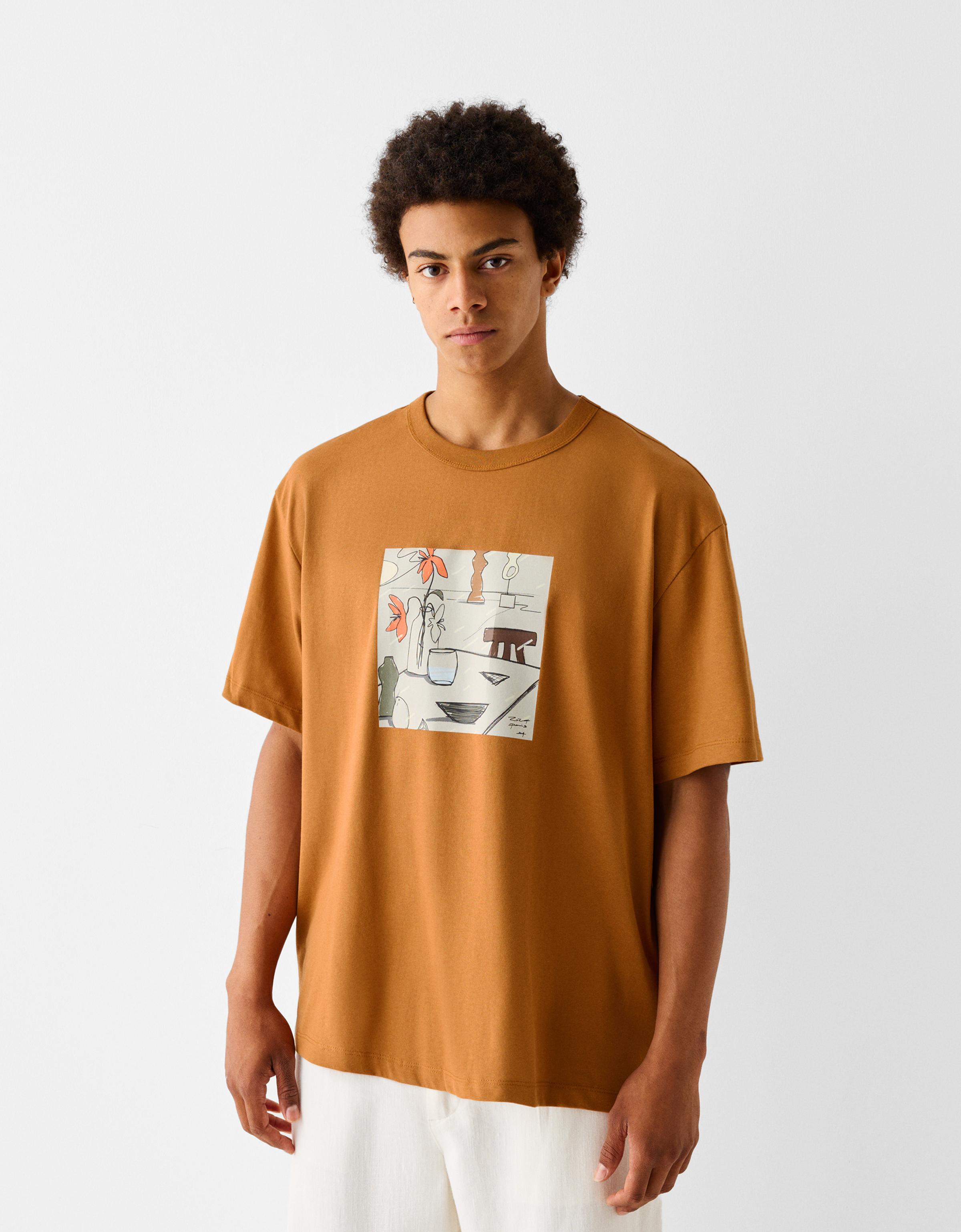 Bershka Kurzarm-T-Shirt Im Boxy Fit Mit Print Herren L Dunkel Orange