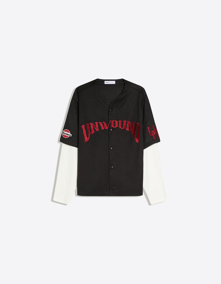 Embroidered double sleeve boxy shirt-Black