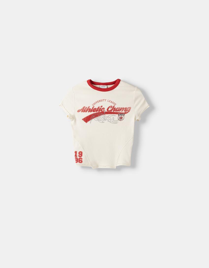 تيشرت مضلع متباين بأكمام قصيرة وأحجار الراين-أبيض مطفي-4