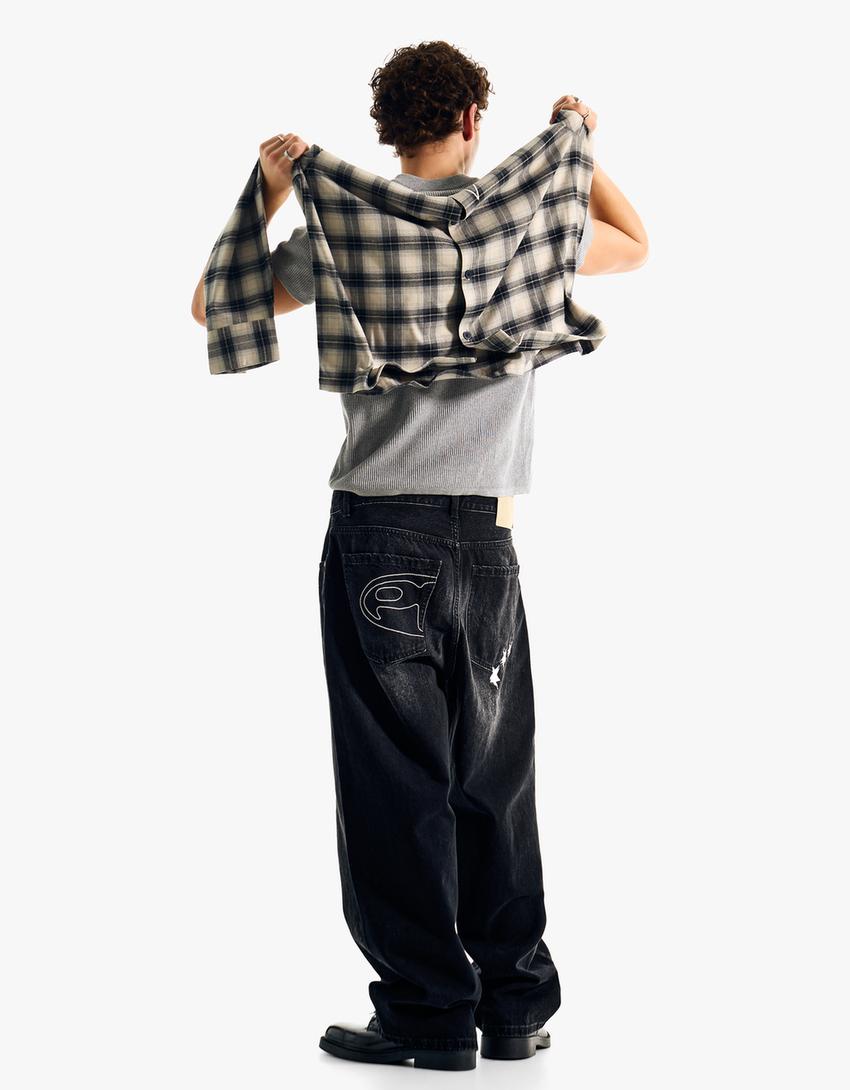 Jeans barrel fit brodé-Noir