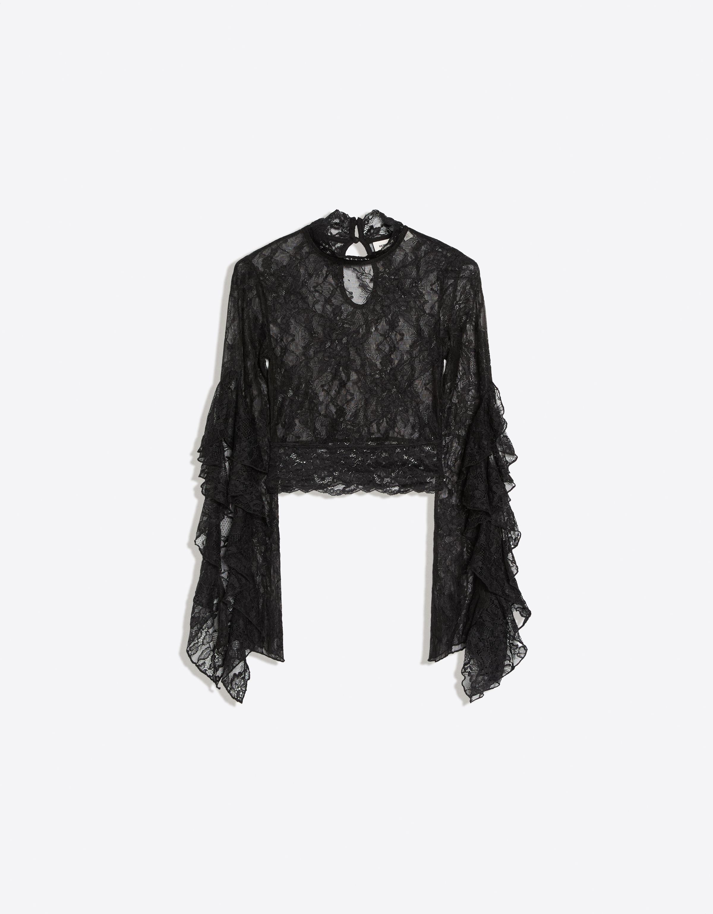 High-neck lace T-shirt with frill sleeves — Black