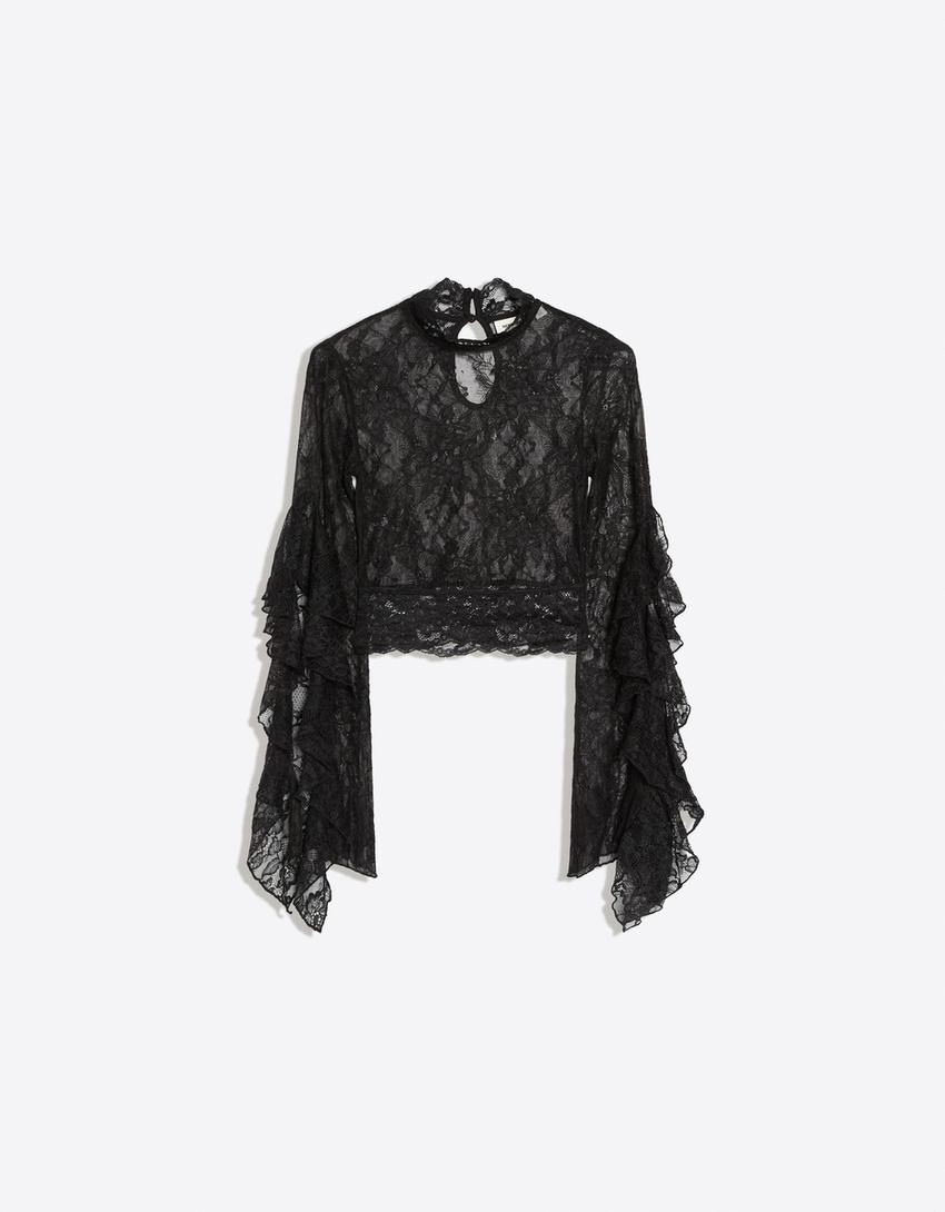 Camiseta cuello perkins encaje manga volantes-Negro