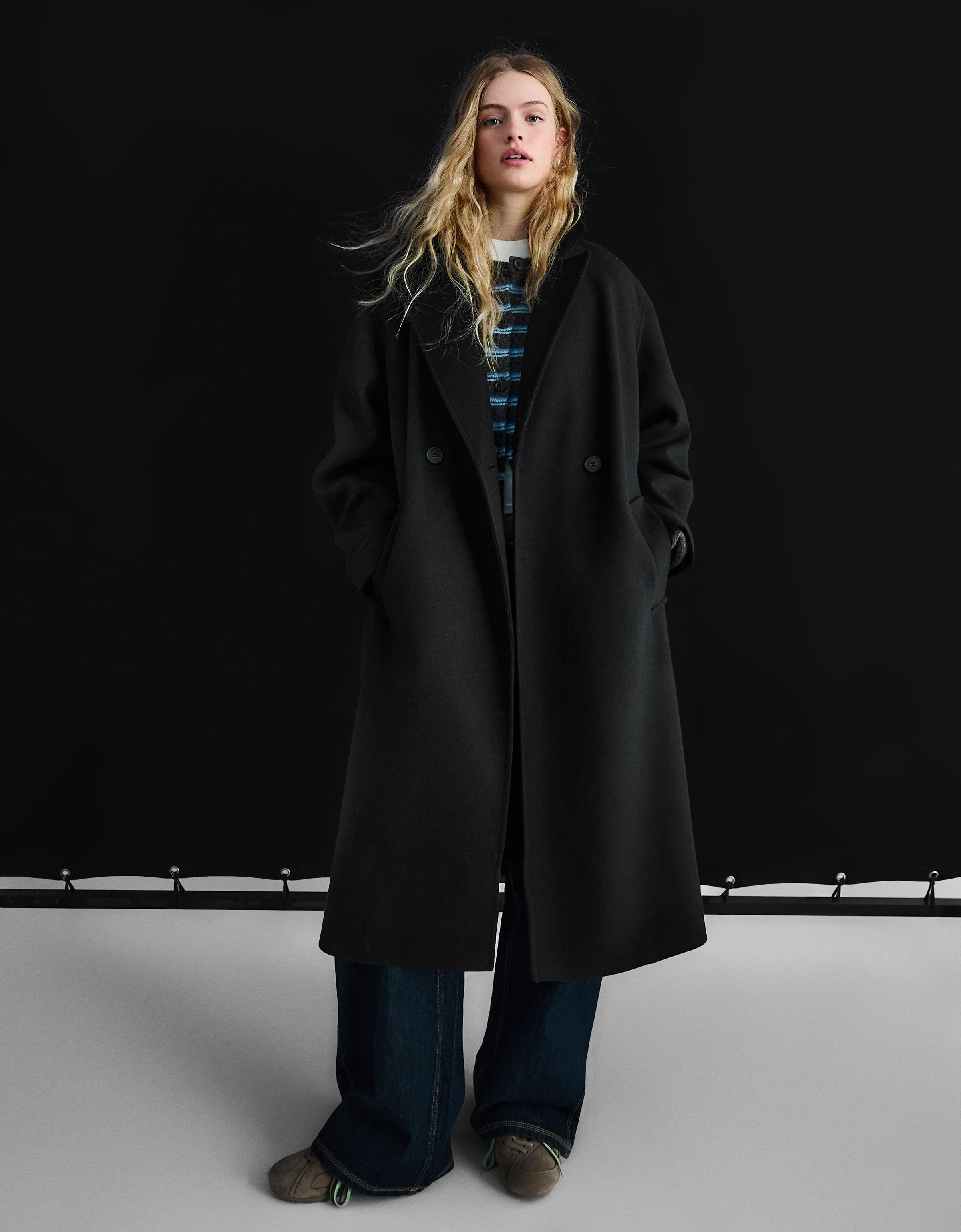 Bershka Zweireihiger Mantel Mit Soft-Touch-Effekt Damen Xs Schwarz