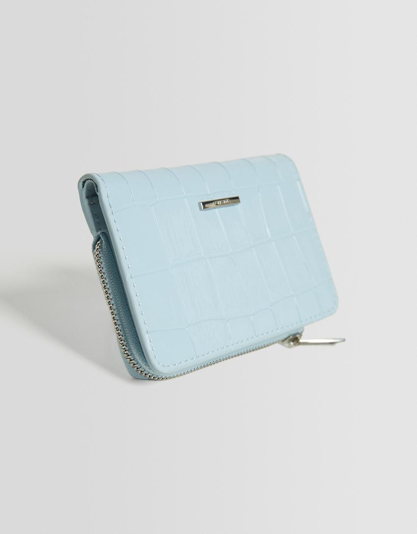 Porte-monnaie effet verni gravé imprimé animal-Bleu clair-4