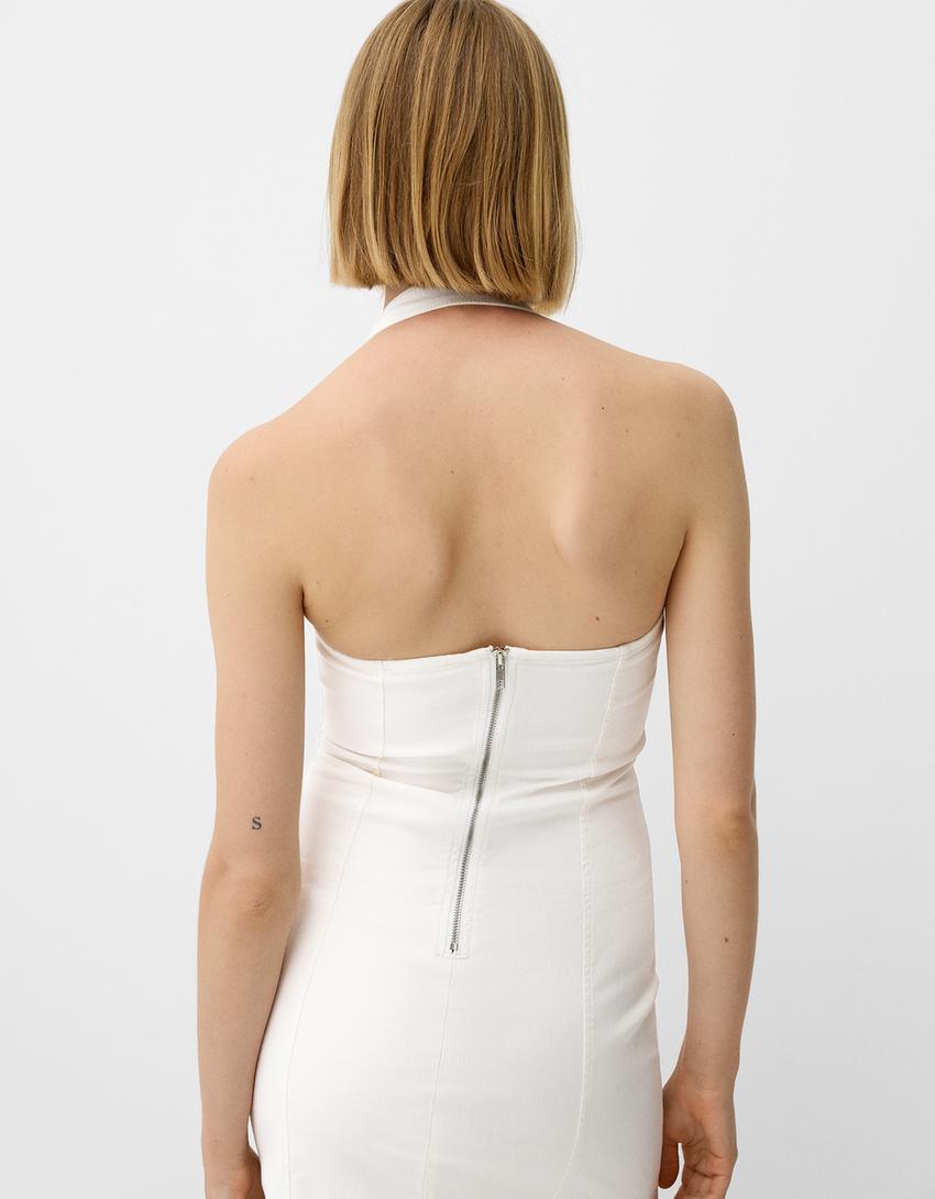 Vestido mini halter sarga-Créma-2