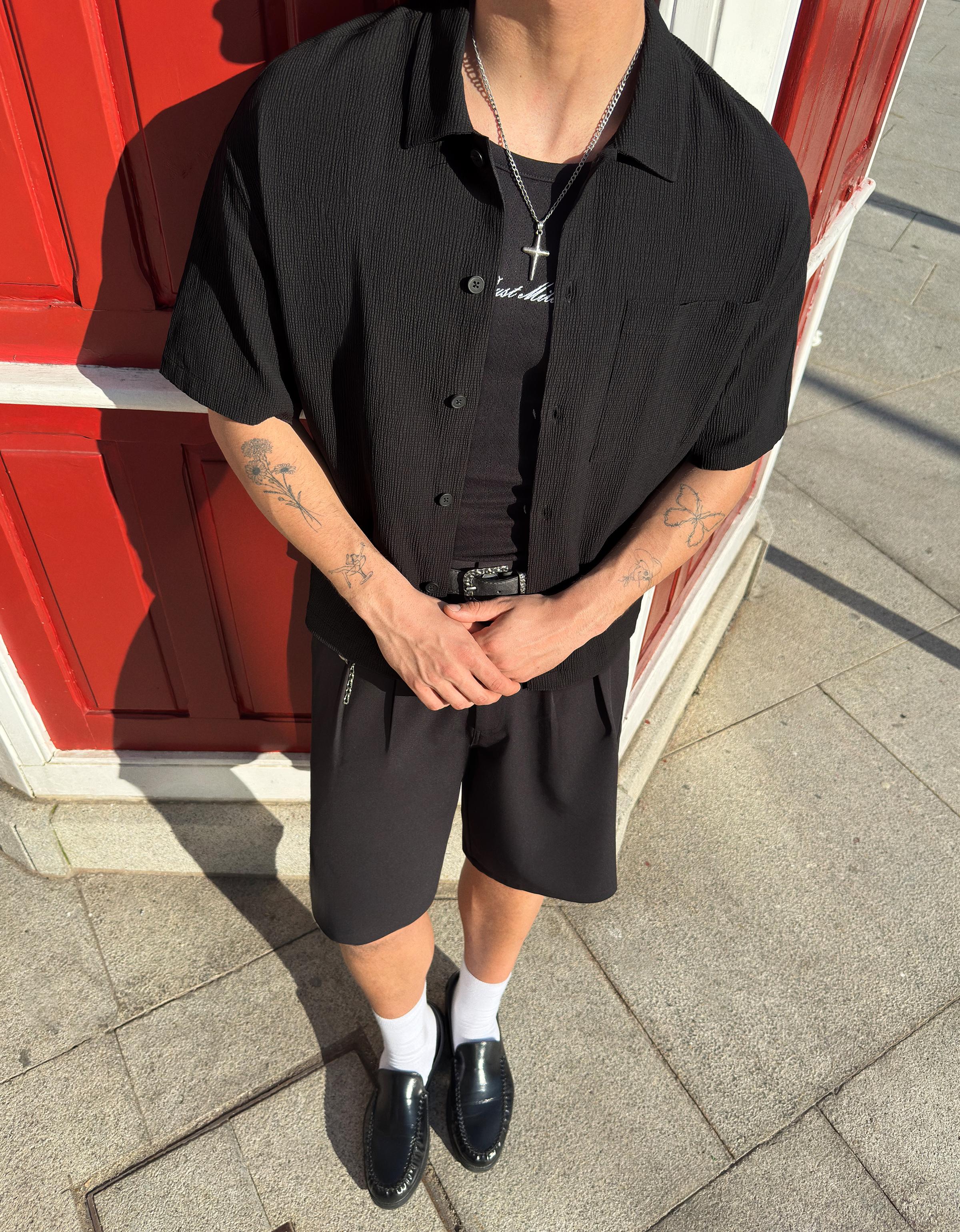 Bershka Kısa kollu pliseli boxy fit gömlek görsel 3