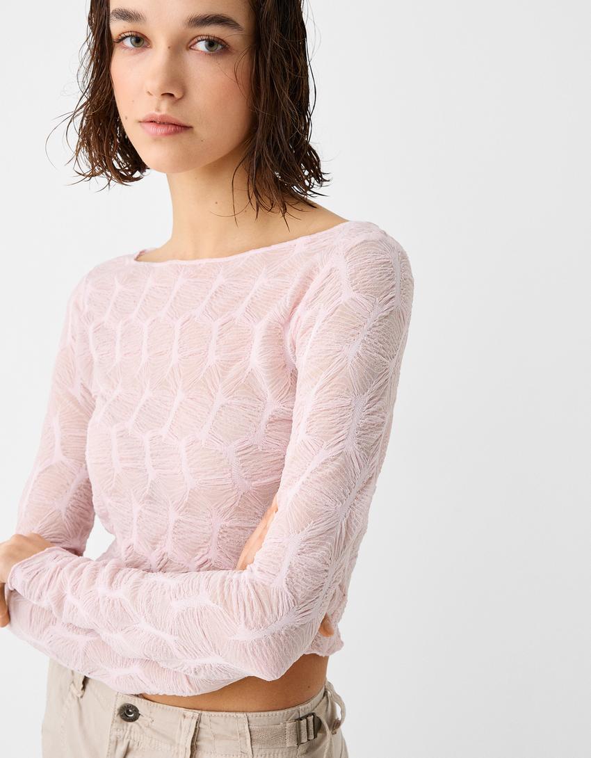 Long sleeve textured Bardot T-shirt-Pink-3
