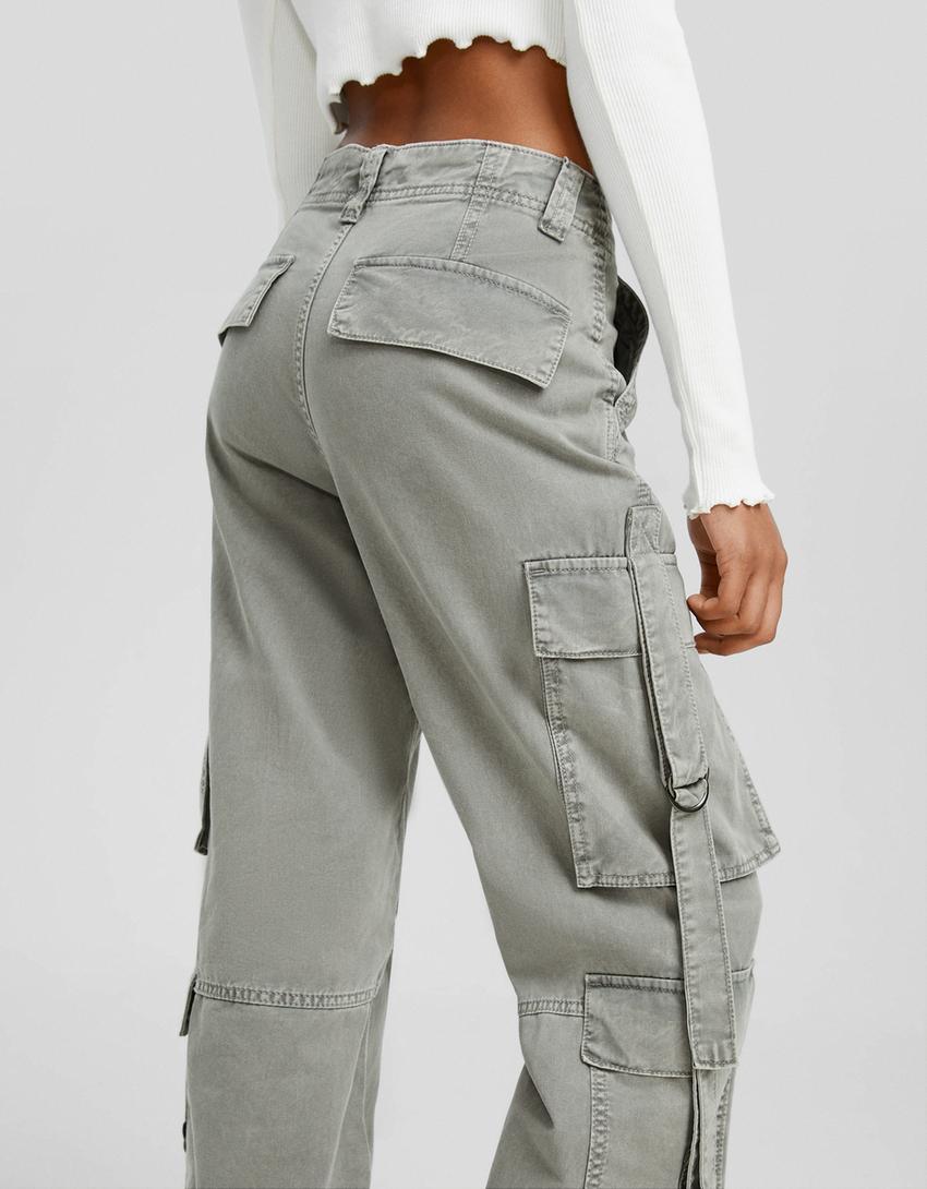 Kayışlı pamuklu kargo pantolon-Gri-3