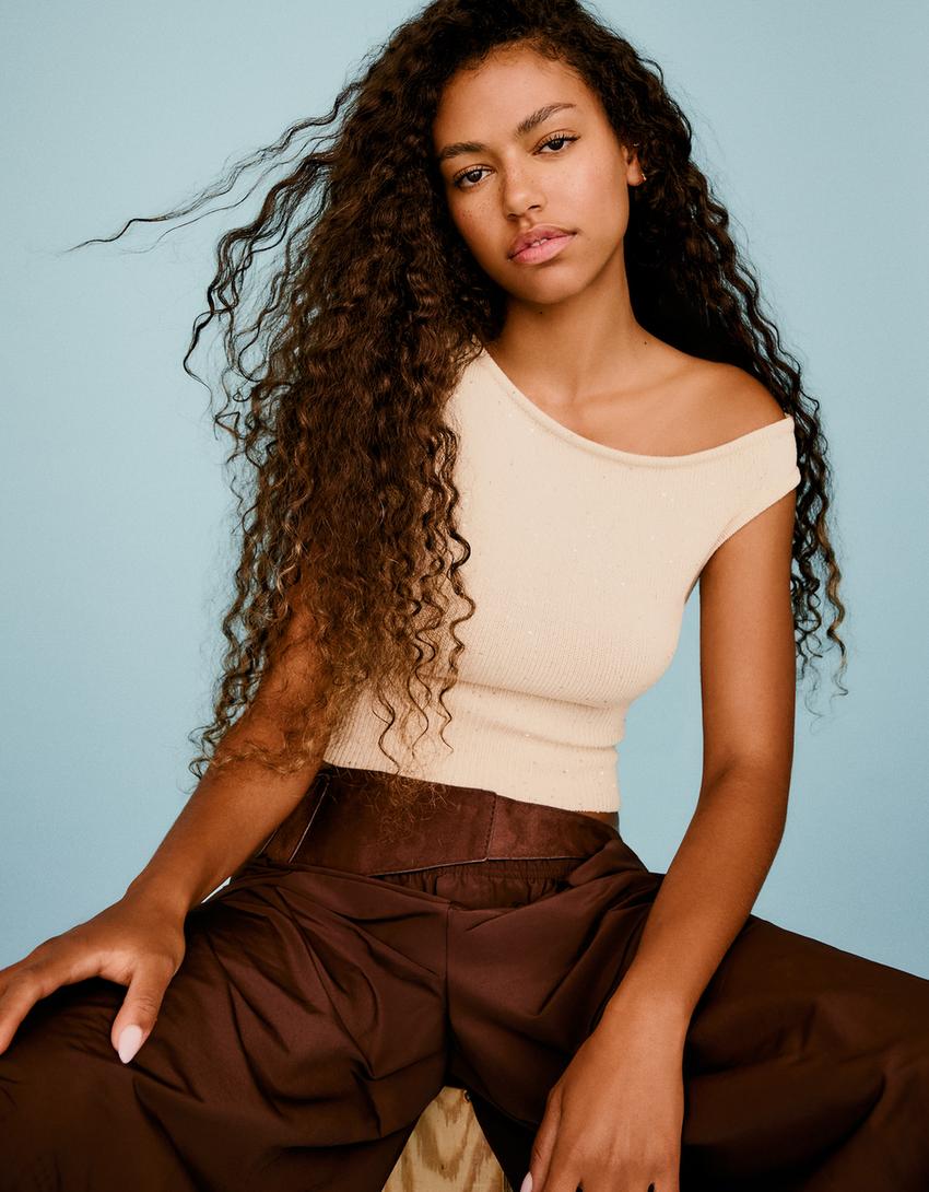 Sequinned knit boatneck top-Cream