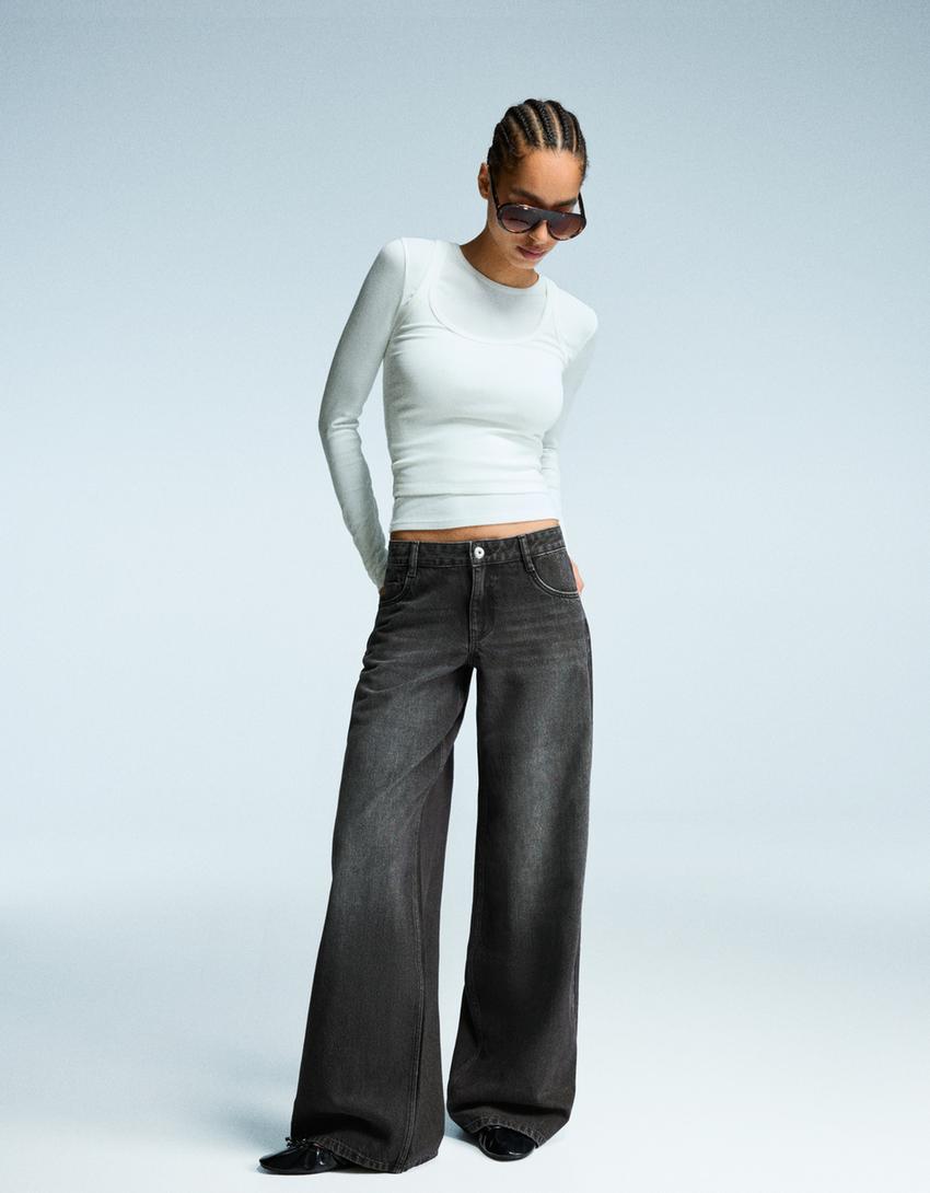 Wide-leg low-waist jeans-Black-0