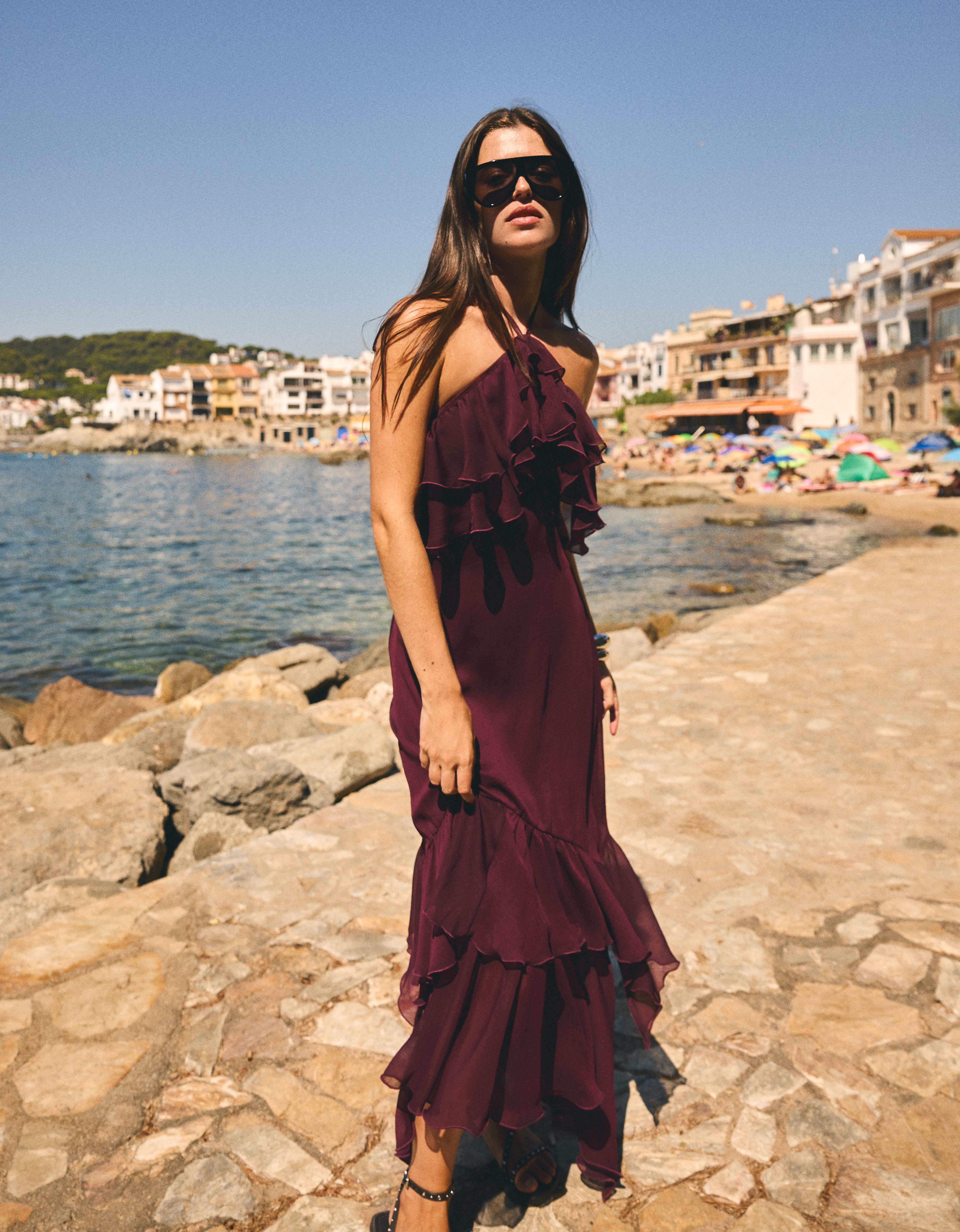 Bershka Vestido Midi Volantes Mujer L Granate