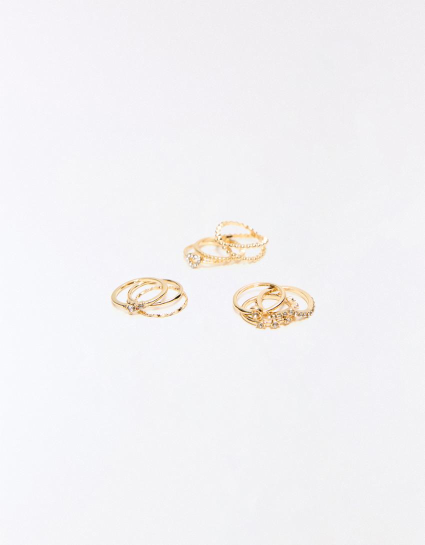 Pack of 9 strass rings-Gold