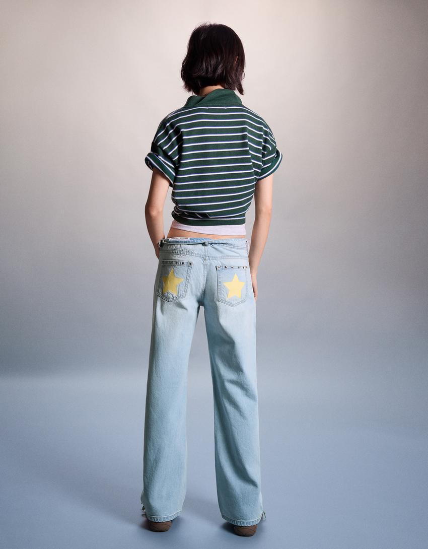 Düşük bel zımbalı baggy fit jean-Açık mavi