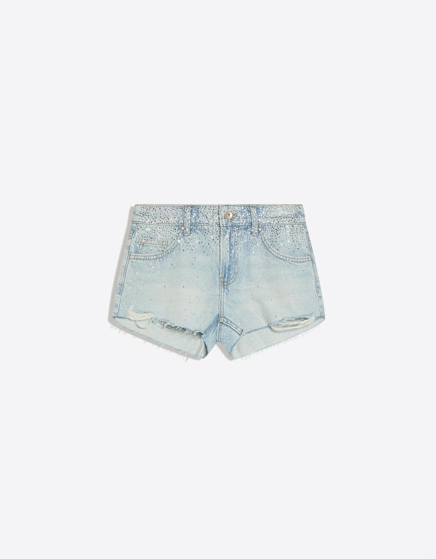 Shimmery denim shorts-Light blue