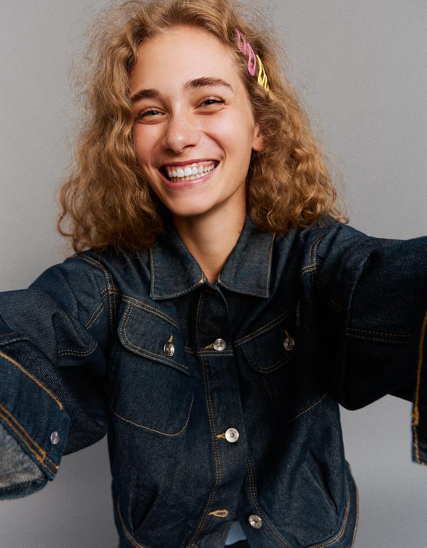 Cropped balloon denim jacket-Navy