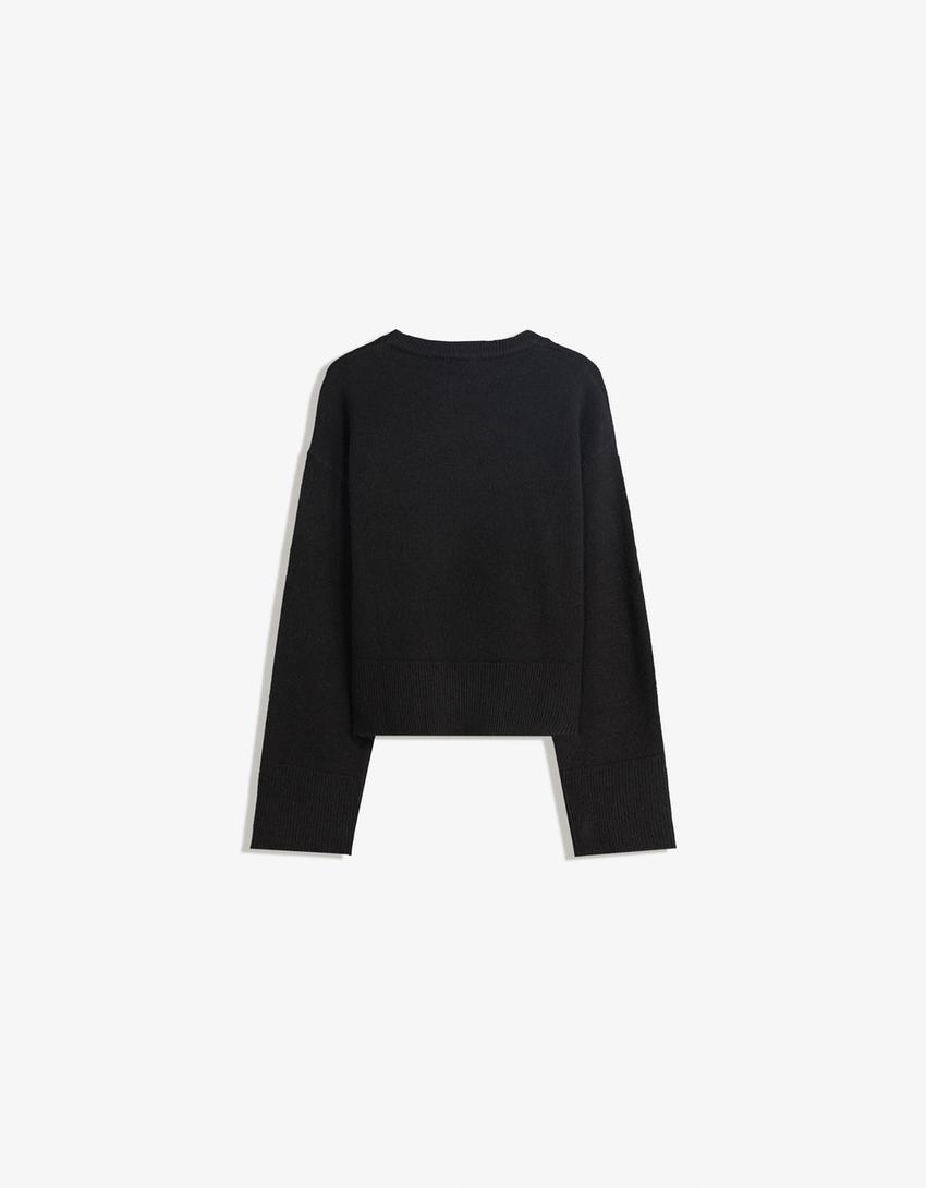 Pull oversize à ourlet côtelé-Noir-1