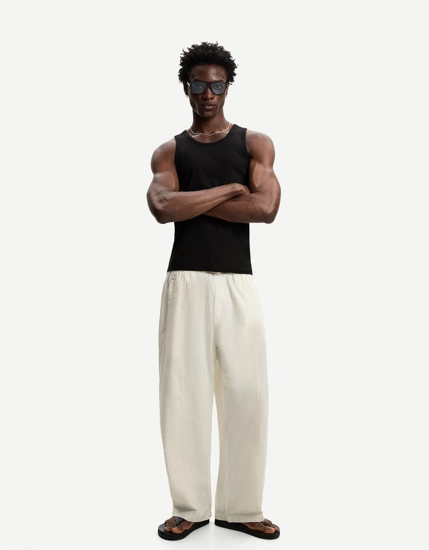 Super baggy striped fabric trousers-Cream