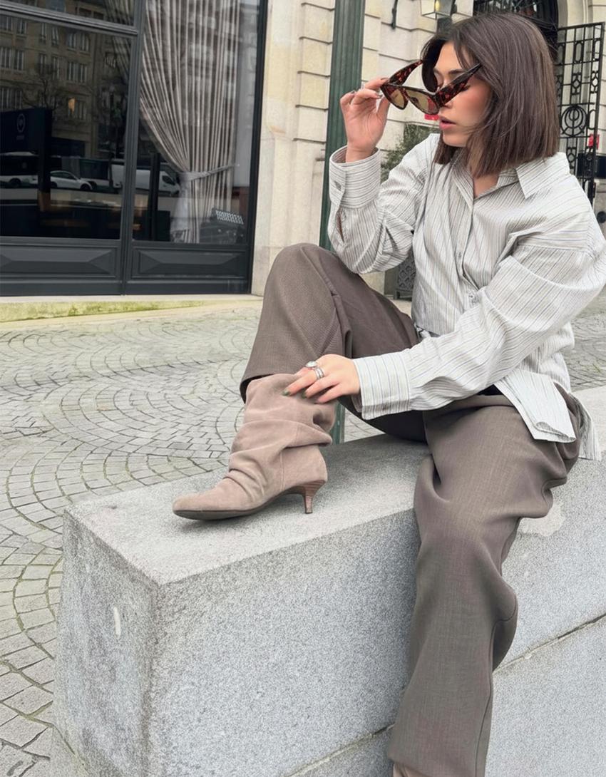 Stivale tacco pelle-Taupe