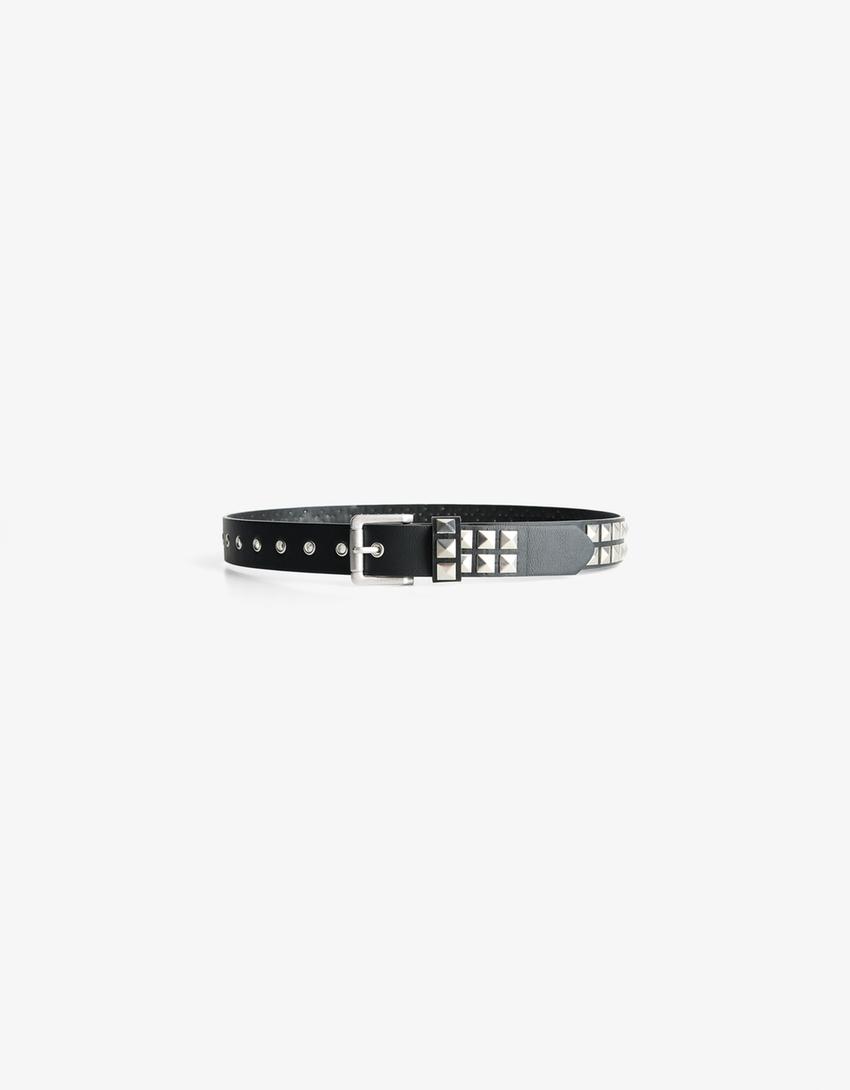 Studded leather effect belt-Black