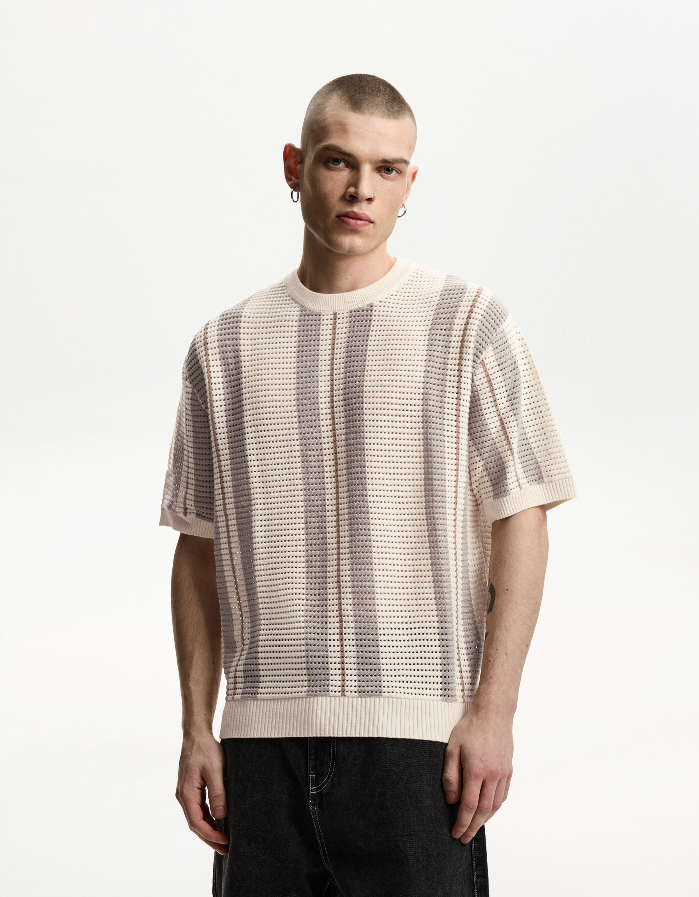 Bershka Kurzarmshirt Mit Strukturmuster Und Streifen Herren Xl Sandfarbe