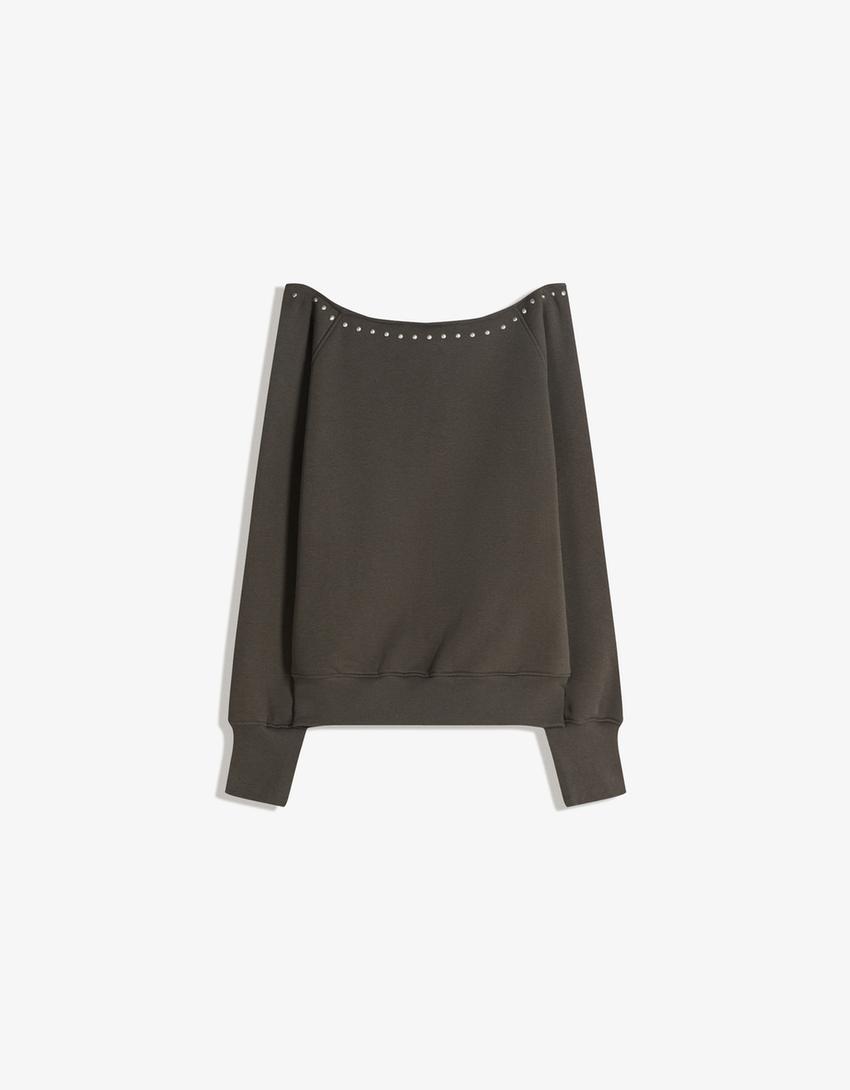 Asimetrik zımbalı polar sweatshirt-Haki