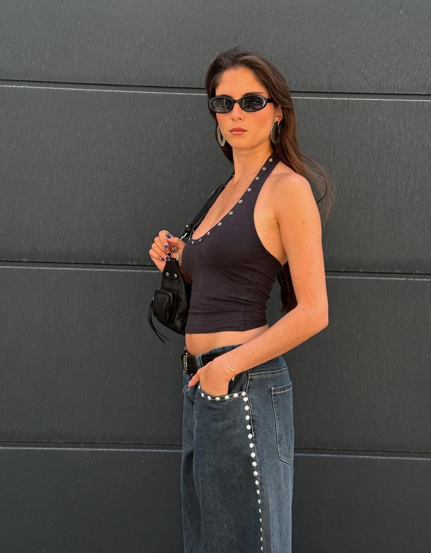 Halter top with eyelets-Grey-3