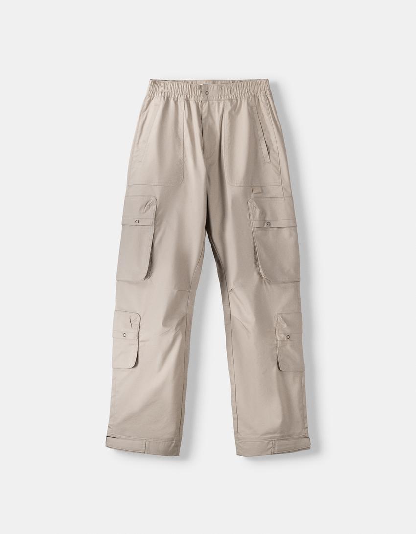 Calças wide fit multicargo-Areia-4