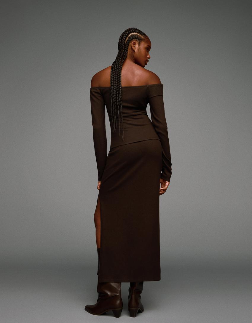 Jupe midi en maille douce-Marron