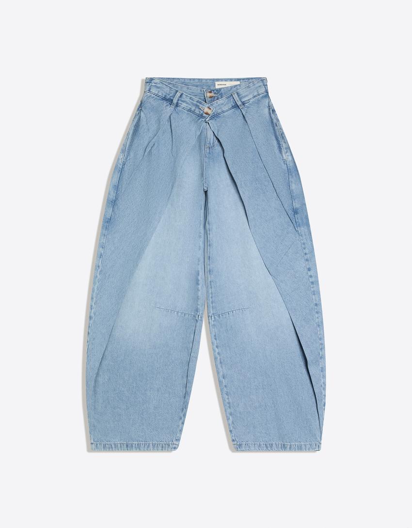 Jeans balão twisted de cintura baixa-Azul lavado