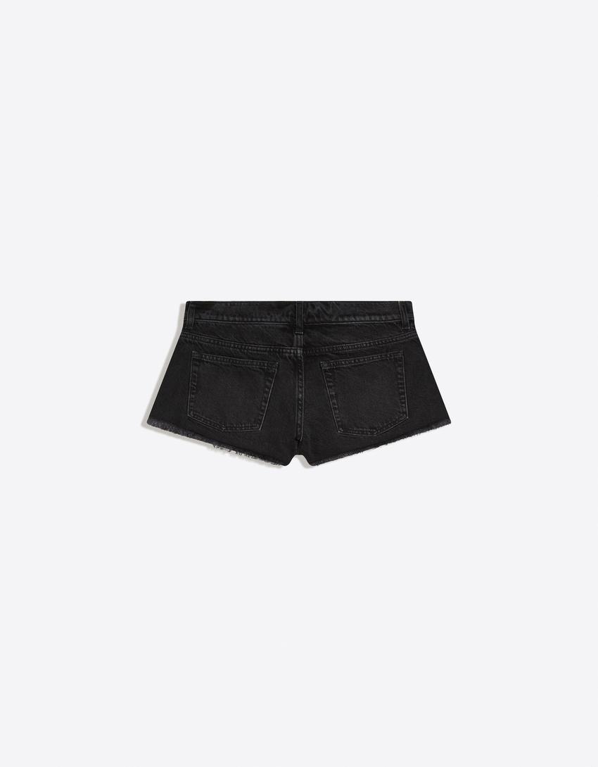 Denim mini shorts with frayed hem-Black