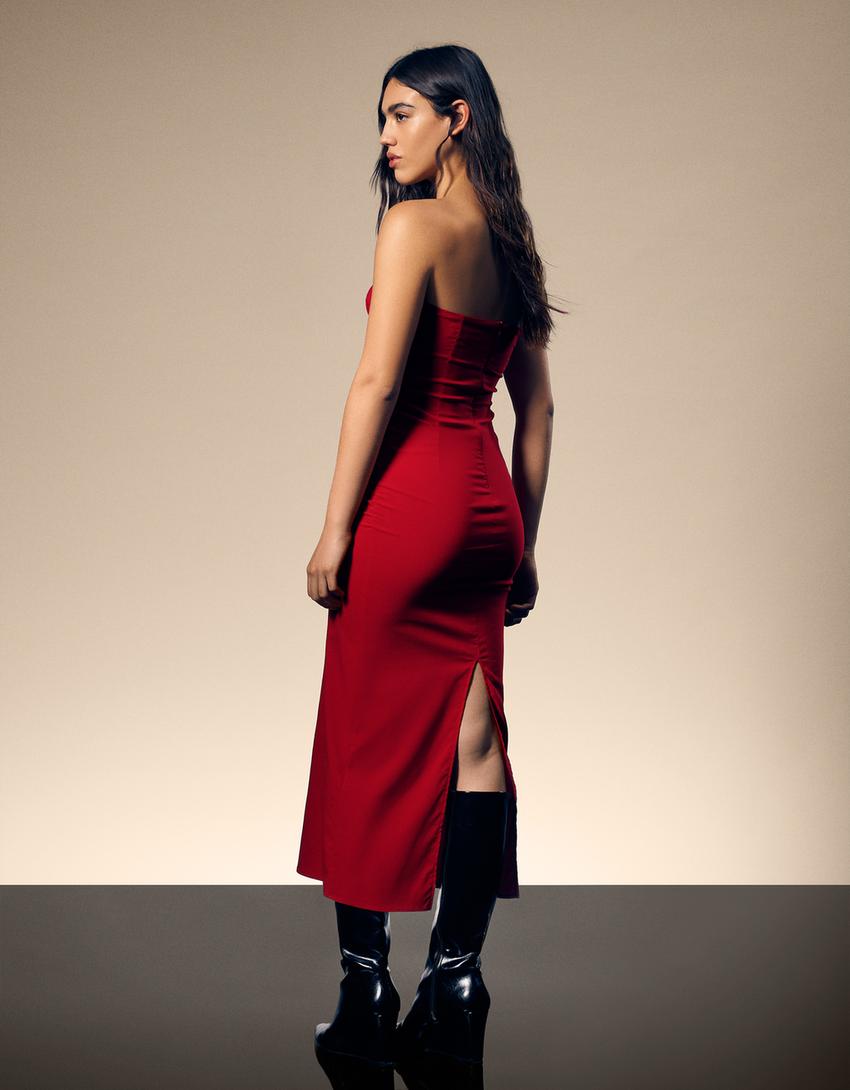 Bengaline bandeau midi dress-Red