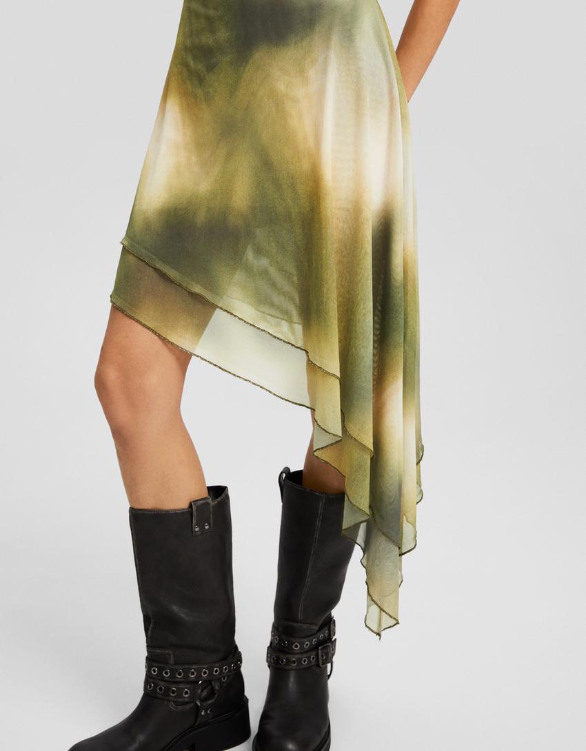 Asymmetric tie-dye print bandeau midi dress-Green-3