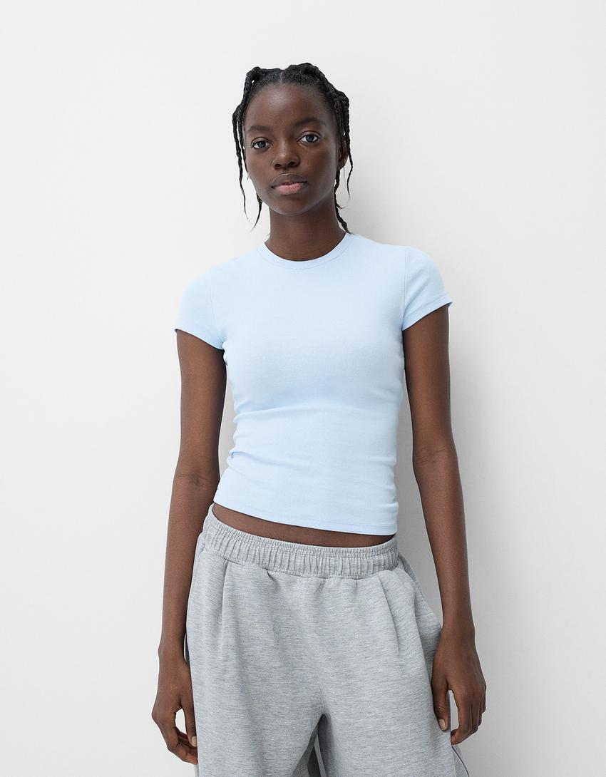 T-shirt met ronde hals en korte mouw-Lichtblauw