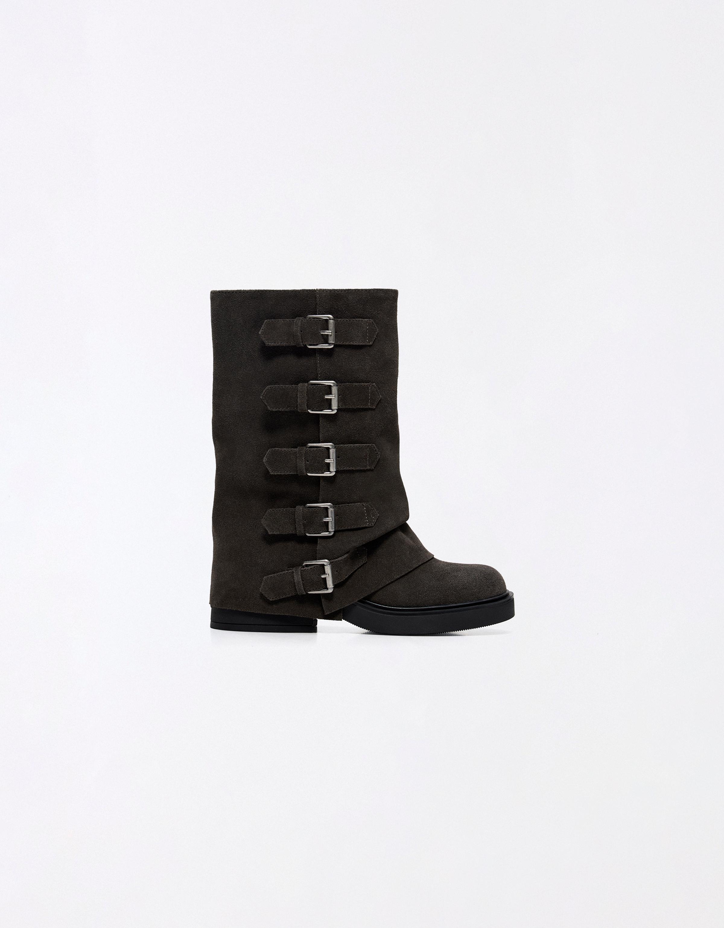 LEATHER TROUSER ANKLE BOOTS WITH BUCKLES — TAUPE