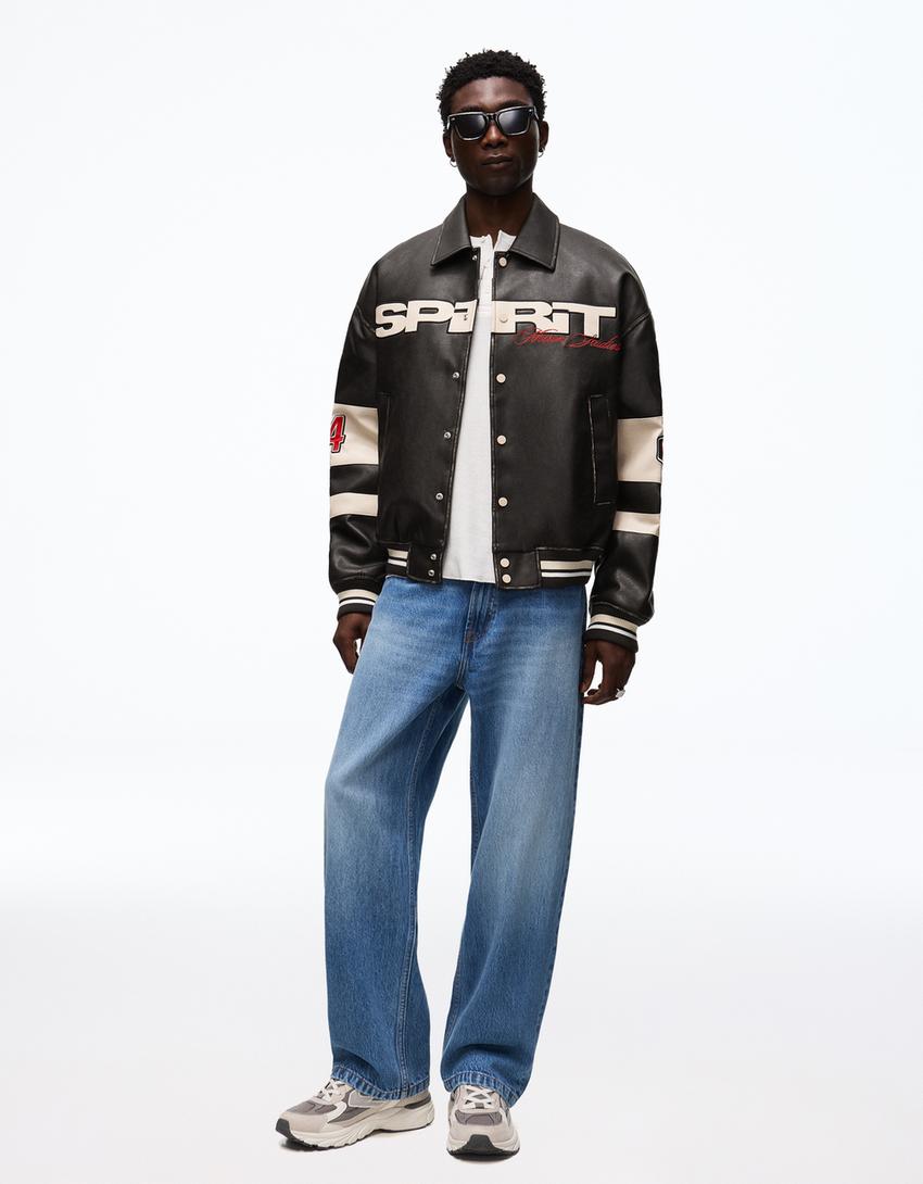Graphic leather effect jacket-Black