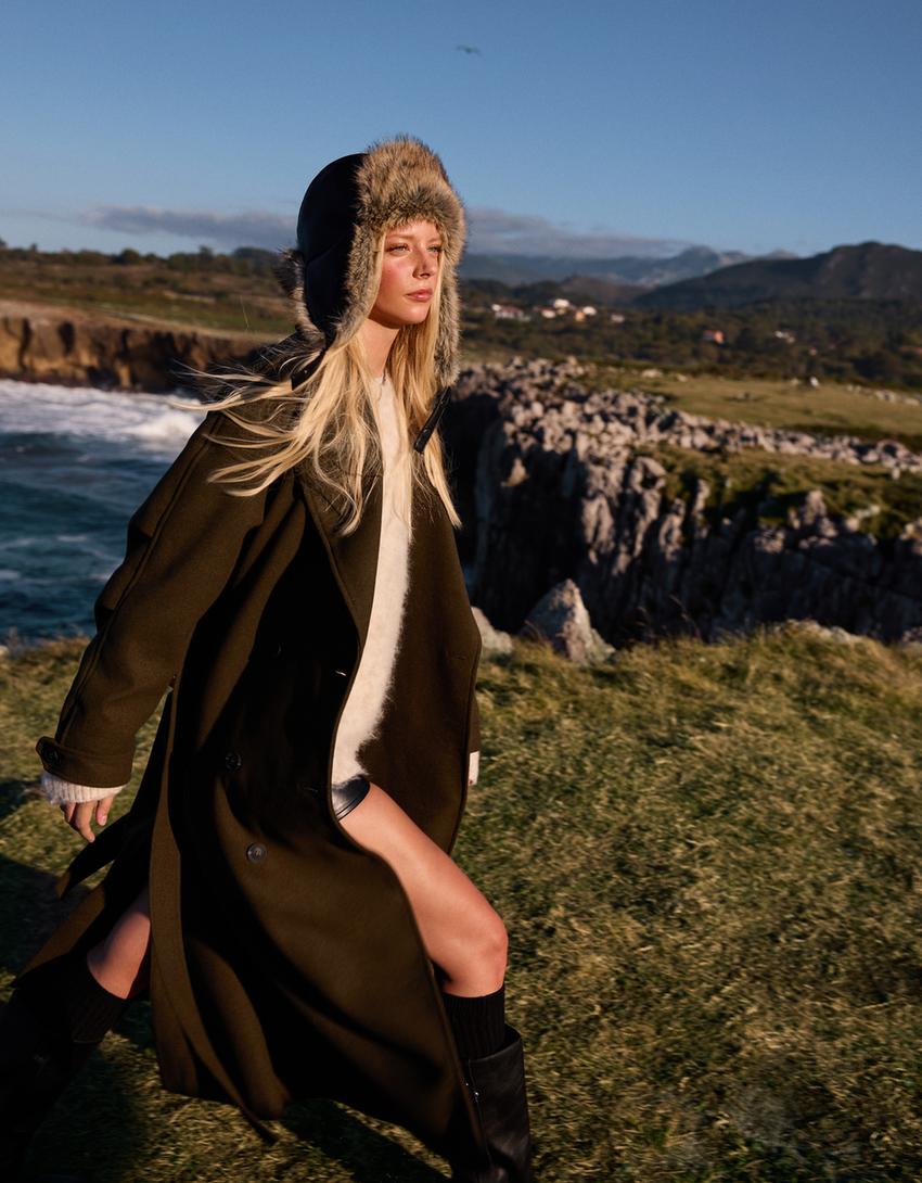 Manteau en laine oversize avec ceinture-Kaki