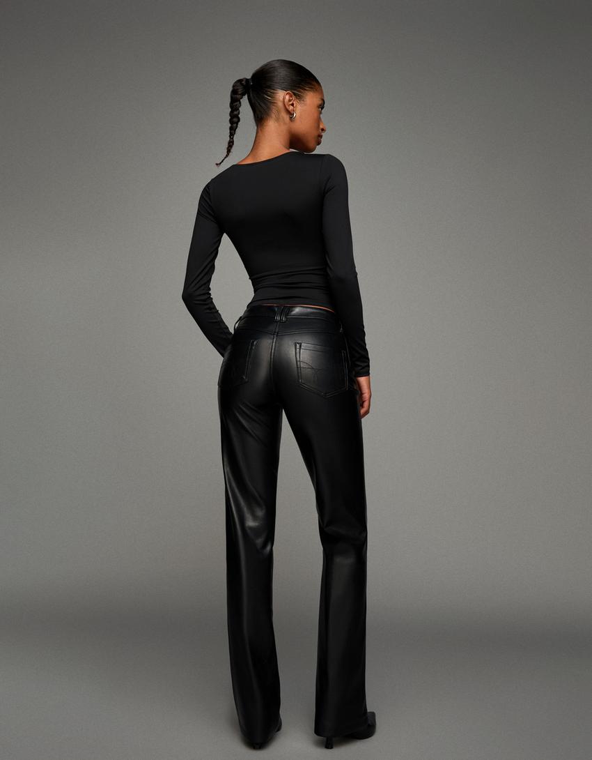 Leather effect boot-cut trousers-Black-2