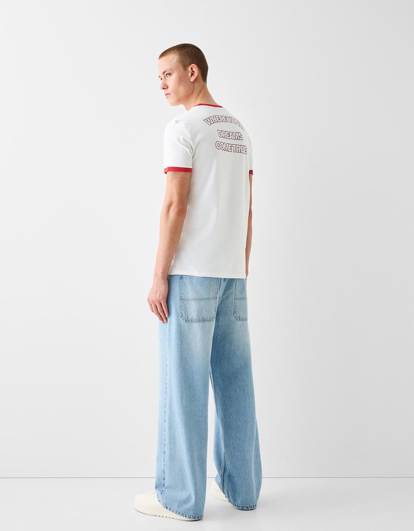 T-shirt manches courtes slim contraste rétro-Blanc cassé-1