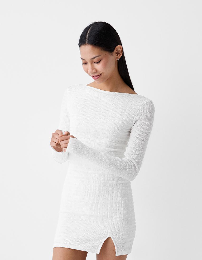 Waffle-knit long sleeve mini dress-Cream