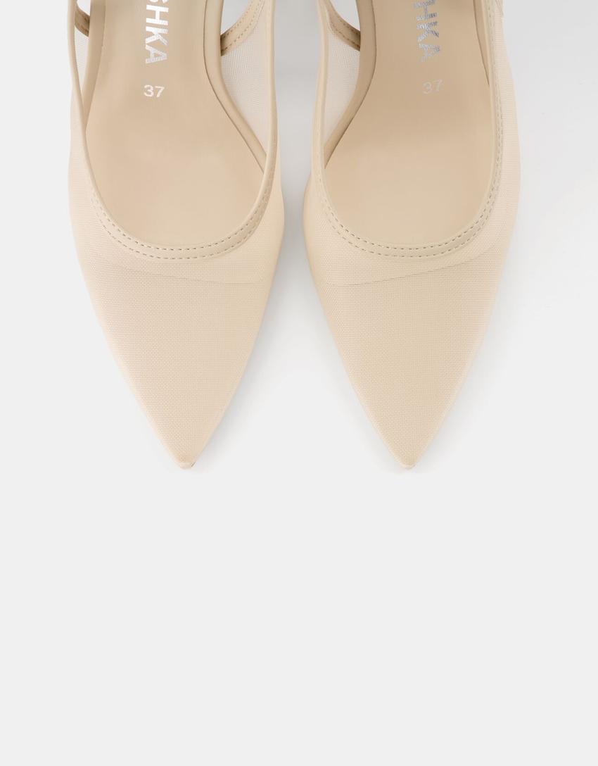 حذاء شبكي عالي الكعب بحزام كاحل-بيج