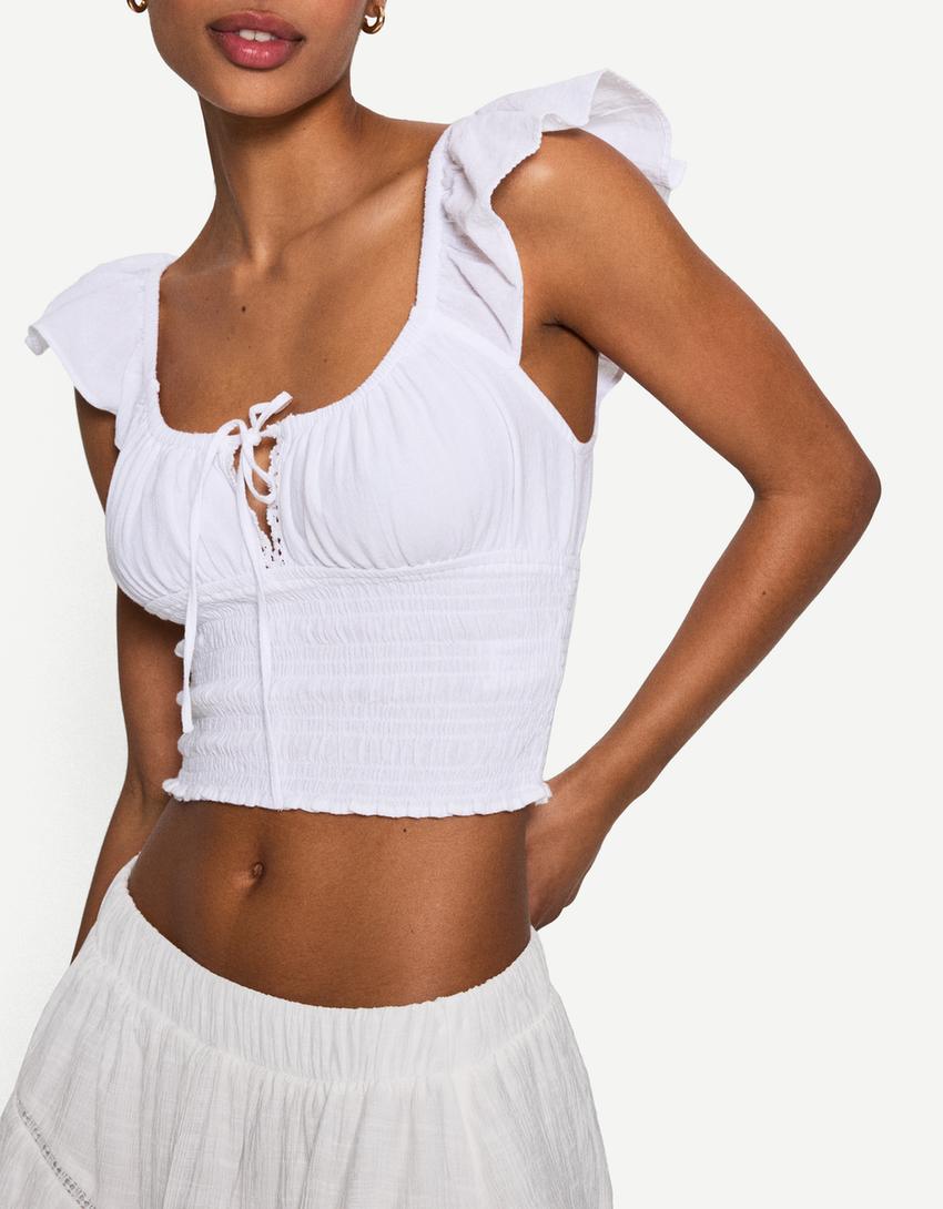 Top rustique froncé-Blanc