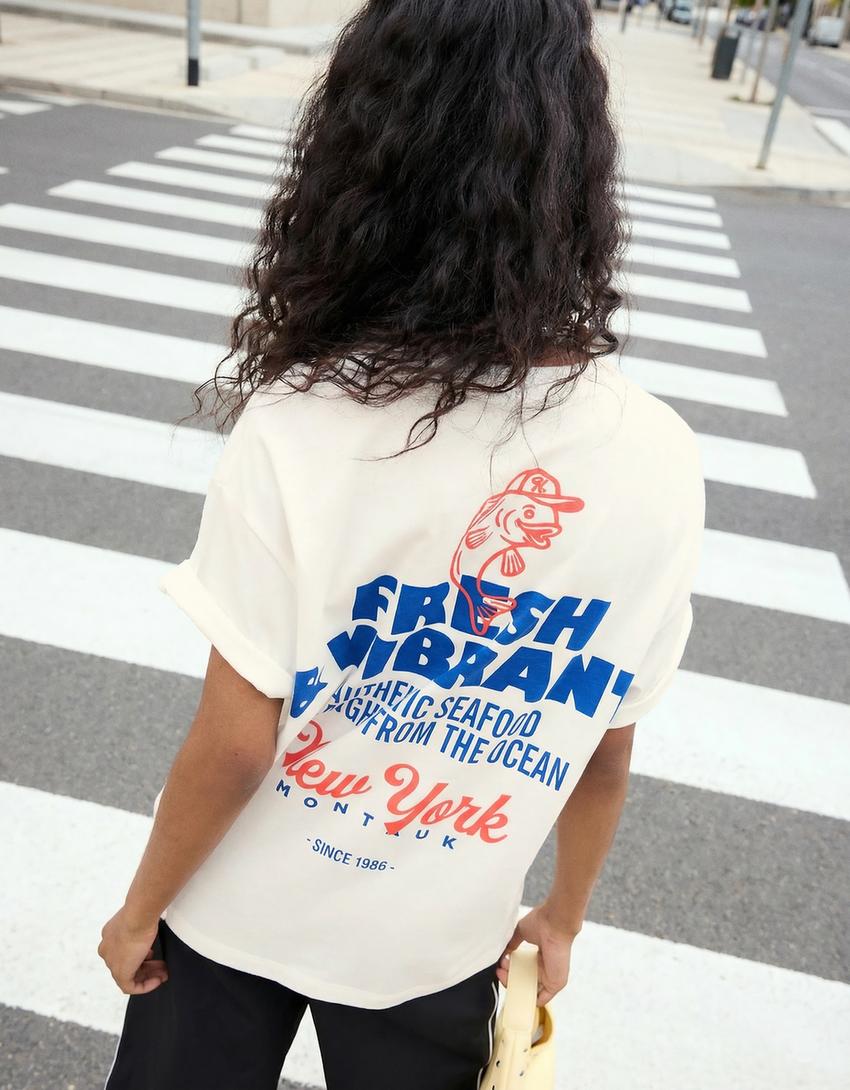 Oversize-T-Shirt mit Print-Grbrochenes Weiss