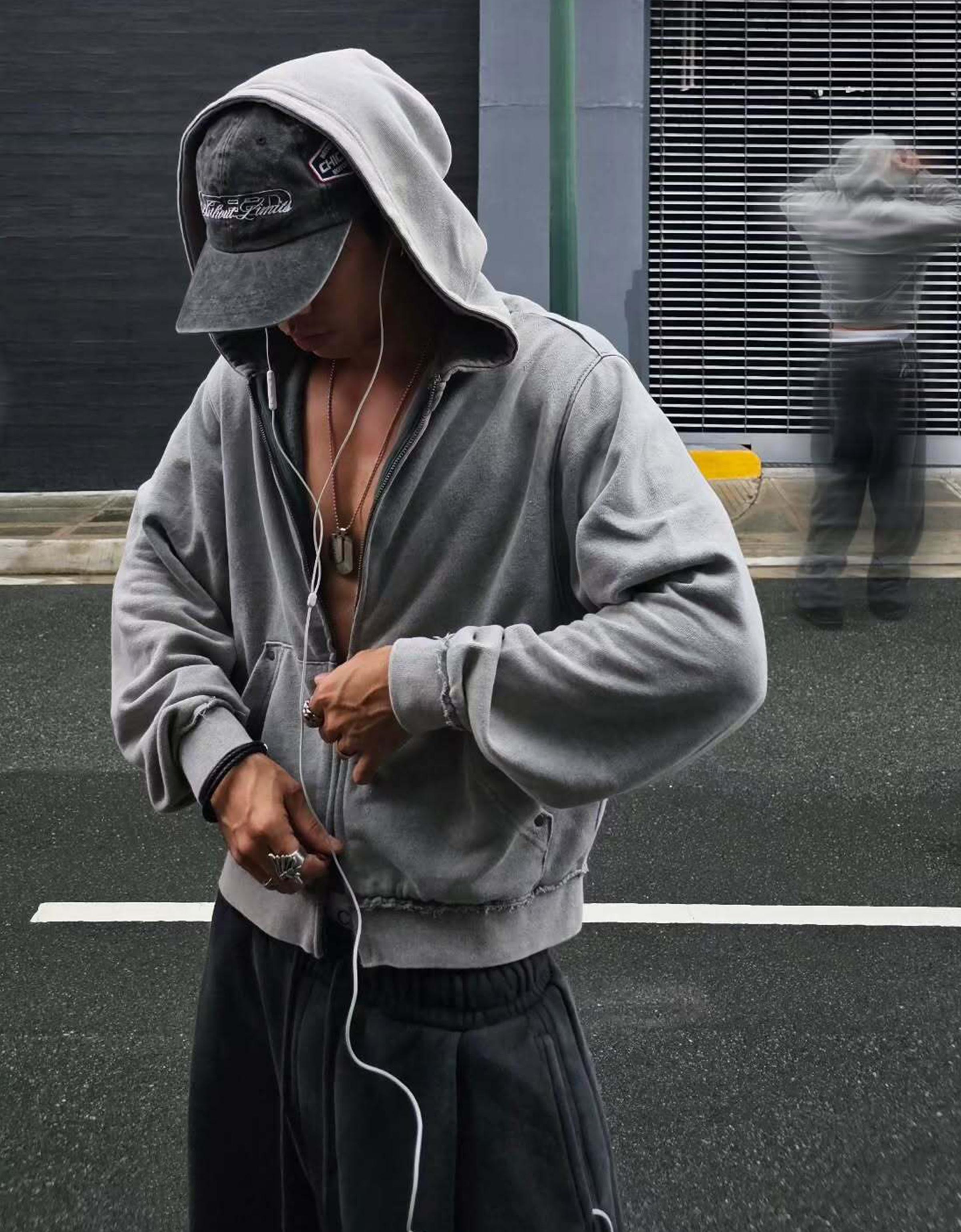 Studded zip-up hooded sweatshirt — Grey