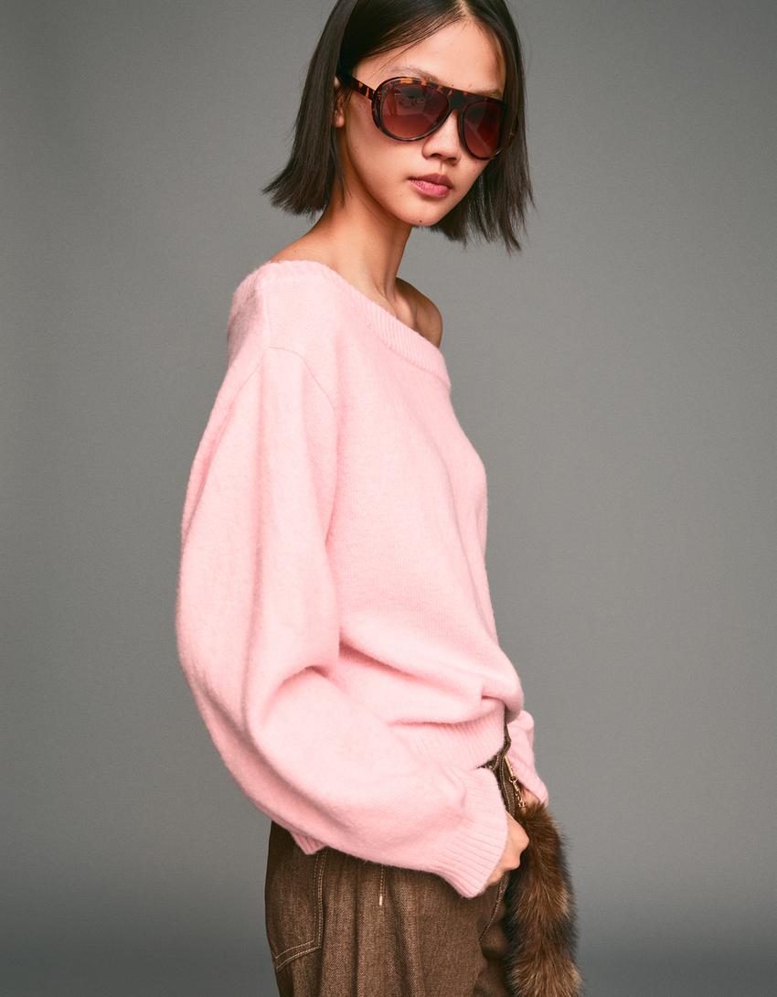 Camisola com nervuras e decote bardot-Rosa