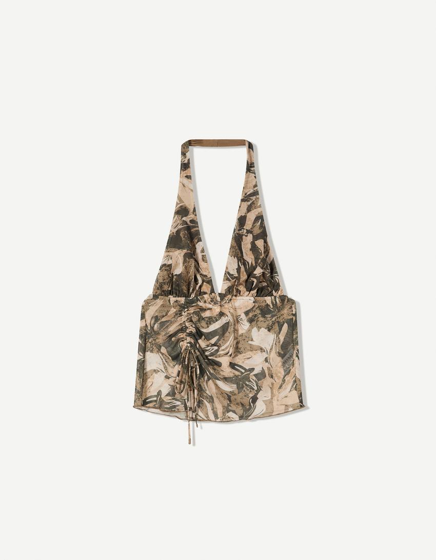 Top halter tul frunces print-Kaki